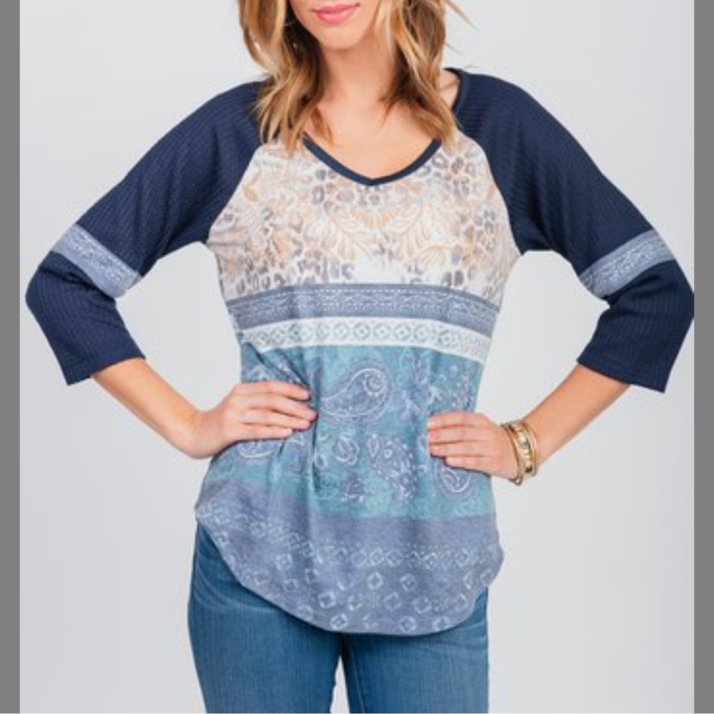 One World 3/4 Sleeve Top Pullover Waffle V-neck Raglan Sleeves Large Navy Blue